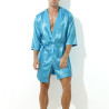 MenSexyWear Peignoir effet satiné Long Slit Bleu Turquoise